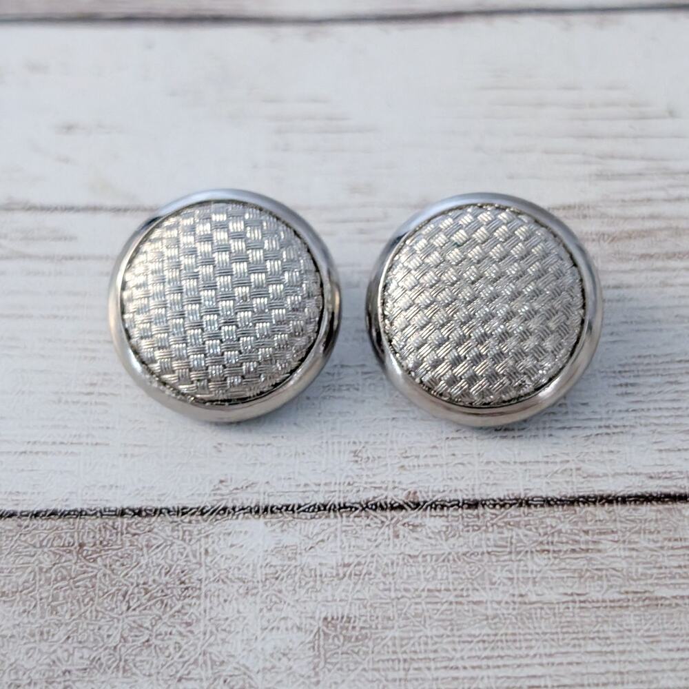 Vintage Clip On Earrings Patterned Silver Tone Statement 7/8"